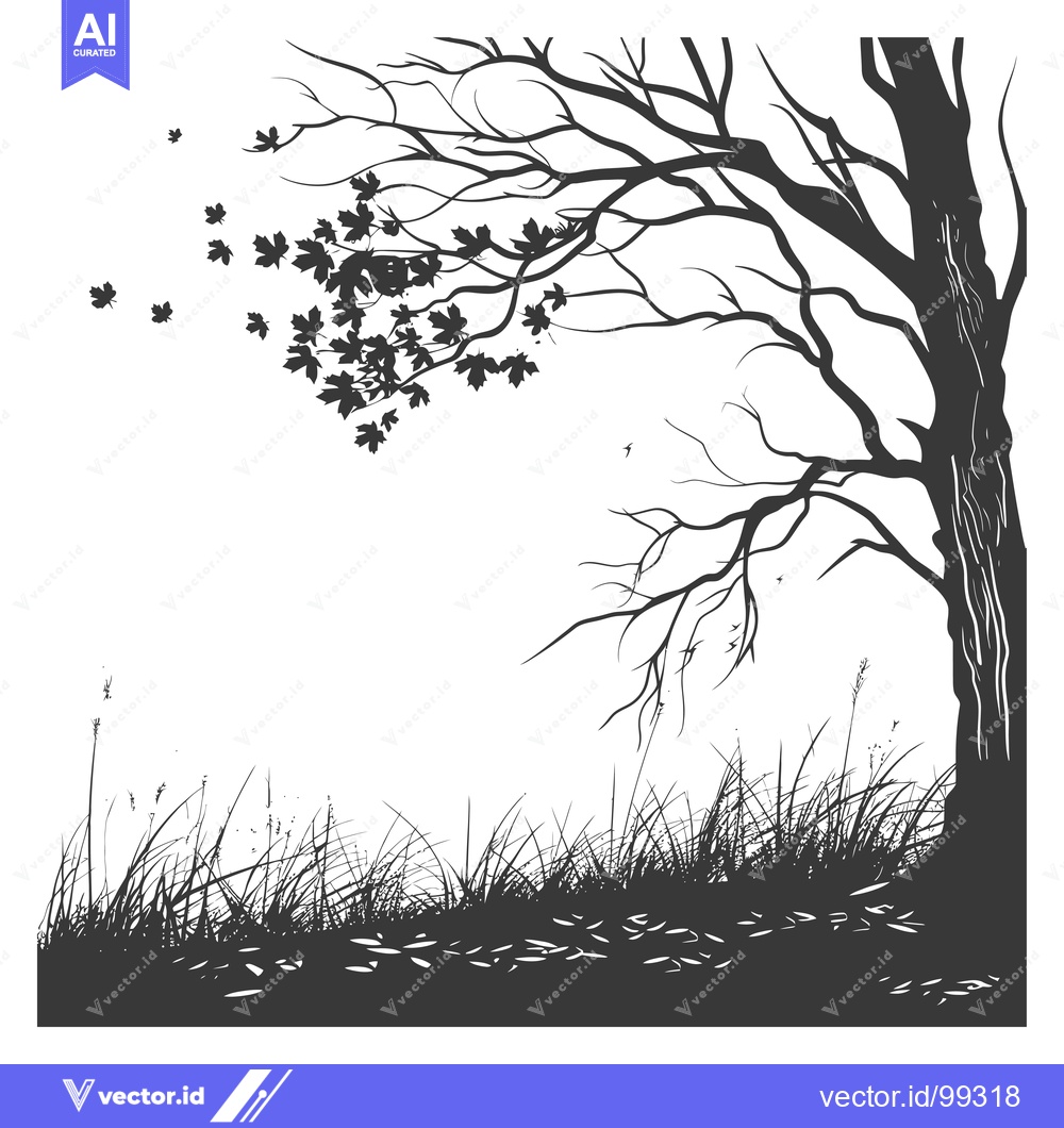 Premium Vector of Silhouette of a Tree with Falling Leaves and Grass in the Foreground
