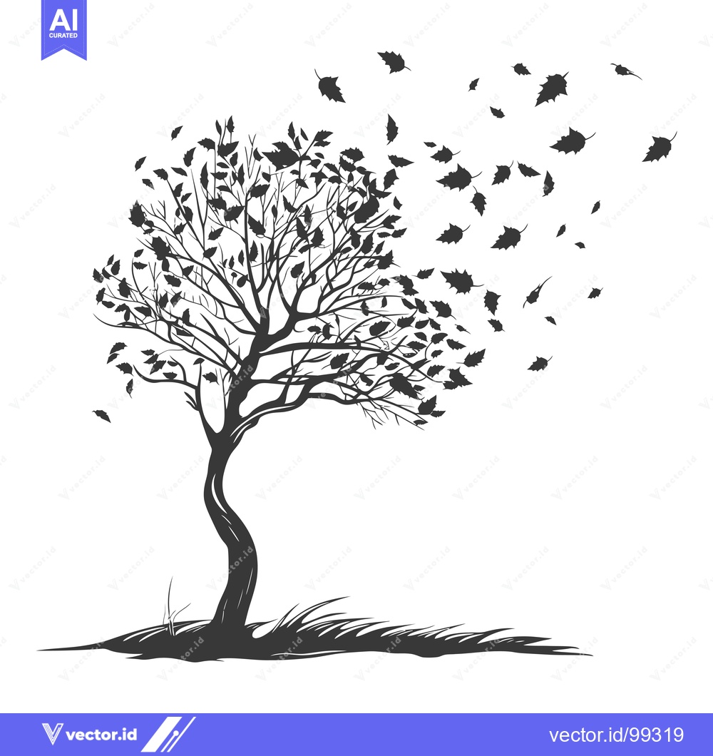 Premium Vector of Silhouette of a Tree with Leaves Blowing in the Wind