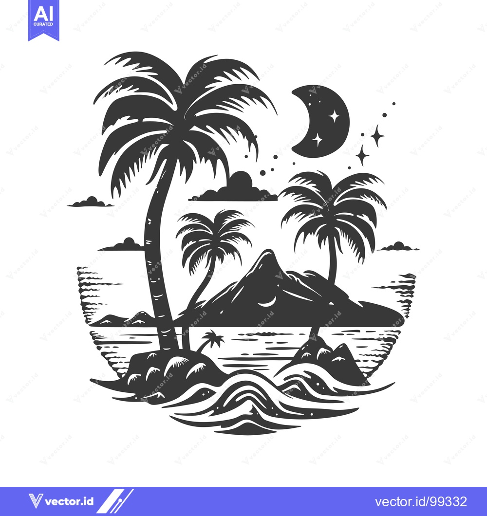 Premium Vector dari Silhouette of a Tropical Island with Palm Trees and a Crescent Moon