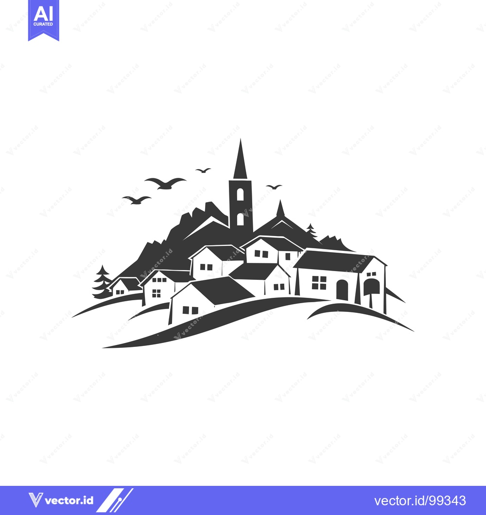Premium Vector dari Silhouette of a Village on a Hill with a Church Spire