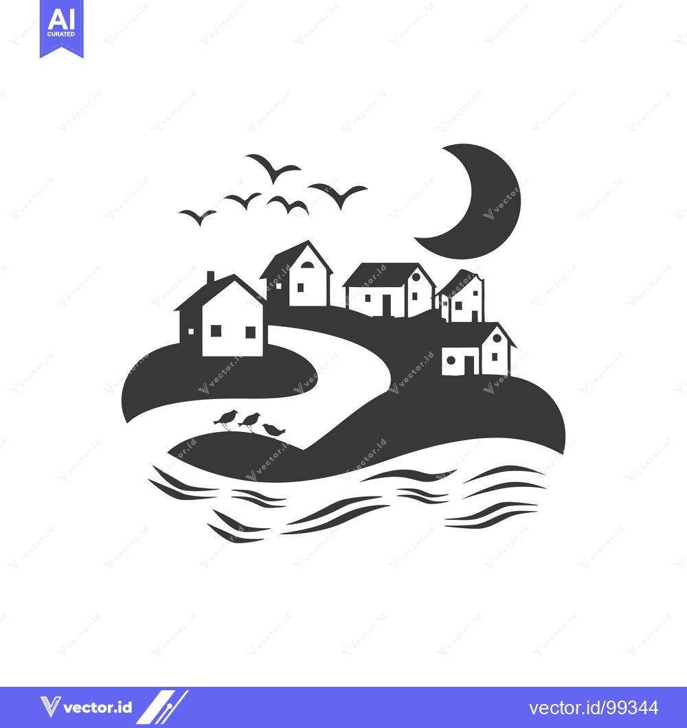 Premium Vector dari Silhouette of a Village on an Island with Crescent Moon