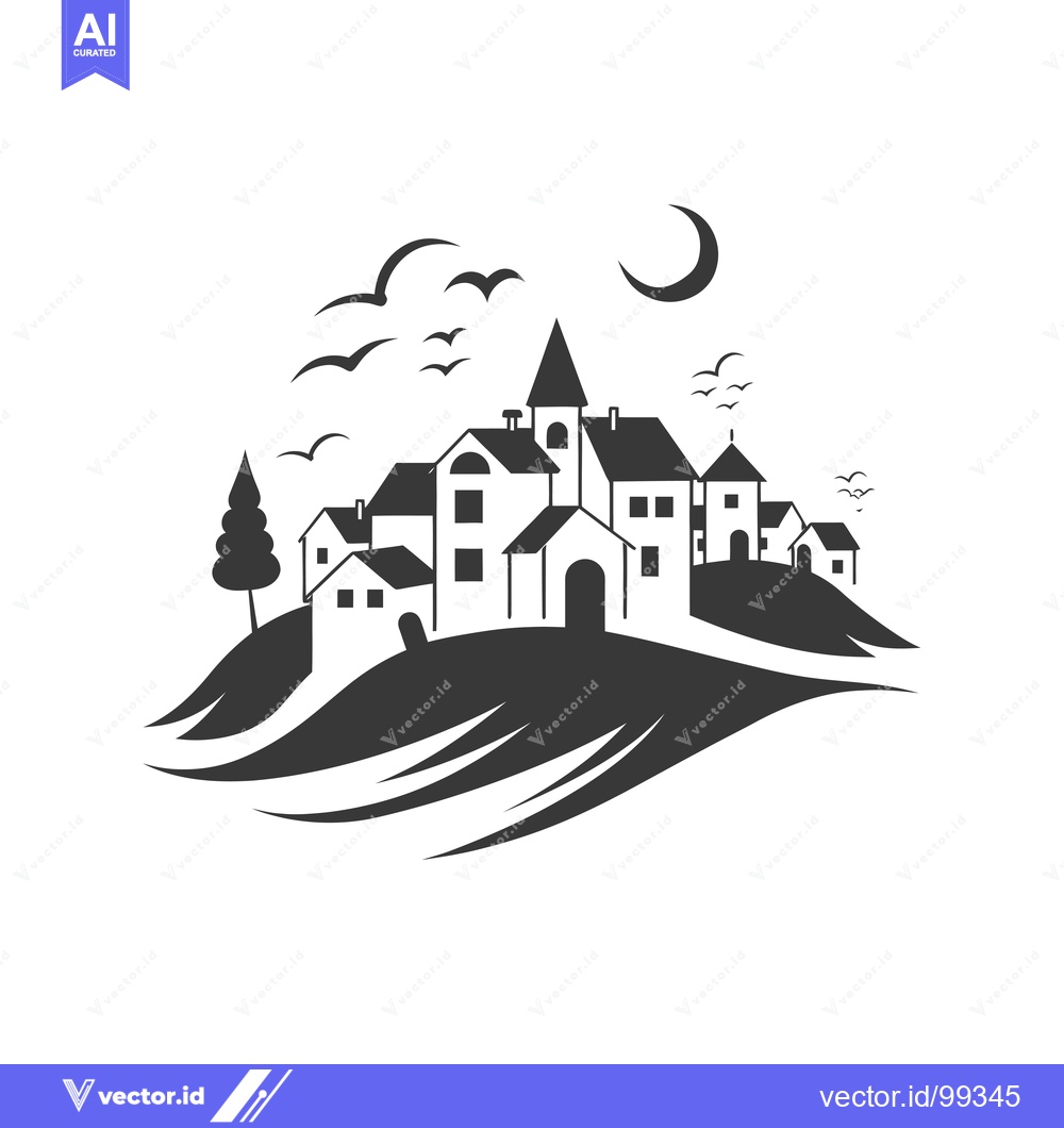 Premium Vector dari Silhouette of a Village with a Church on a Hilltop under a Crescent Mo