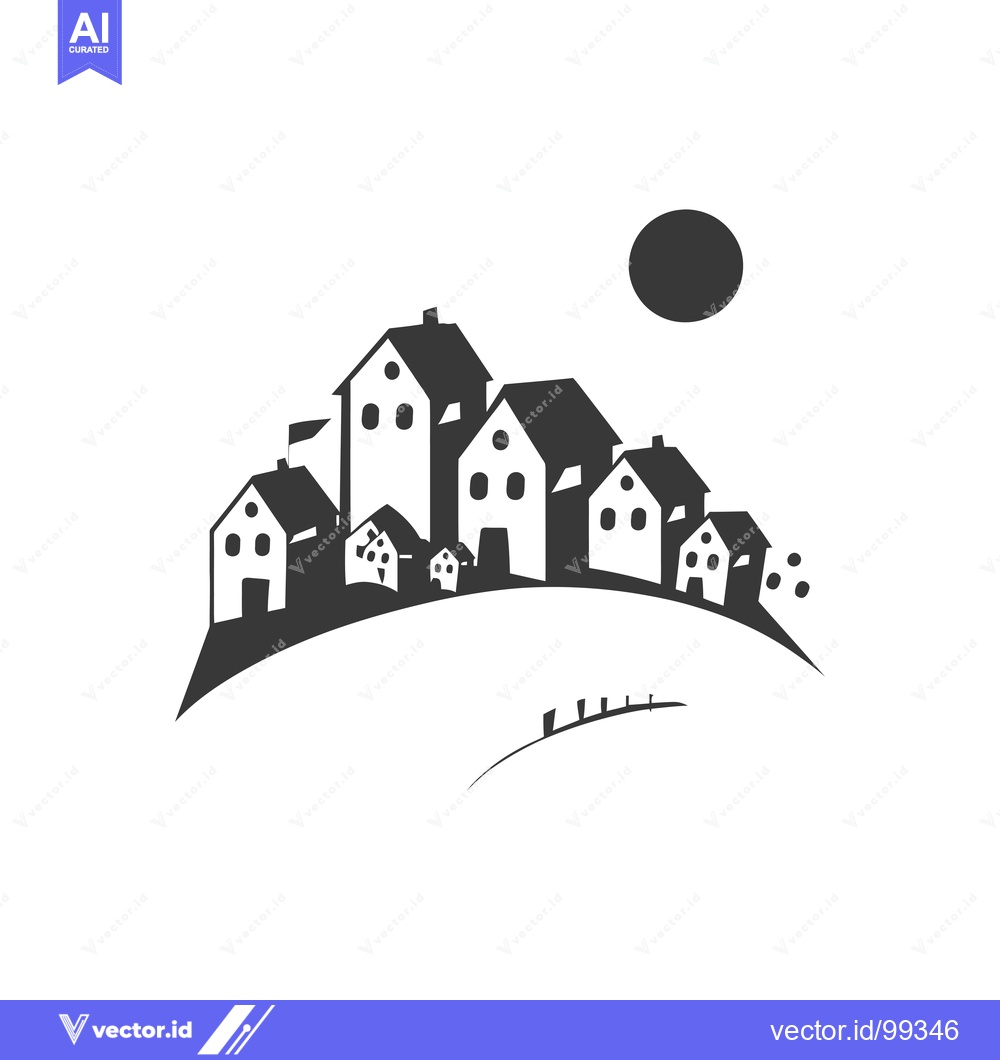Premium Vector of Silhouette of a Village with a Sun Overhead