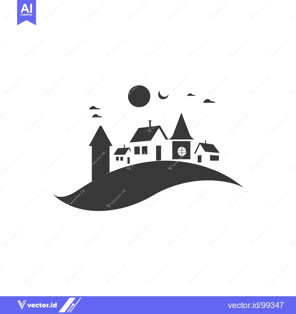 Premium Vector dari Silhouette of a Village with Houses, a Church, and a Sun and Moon in t