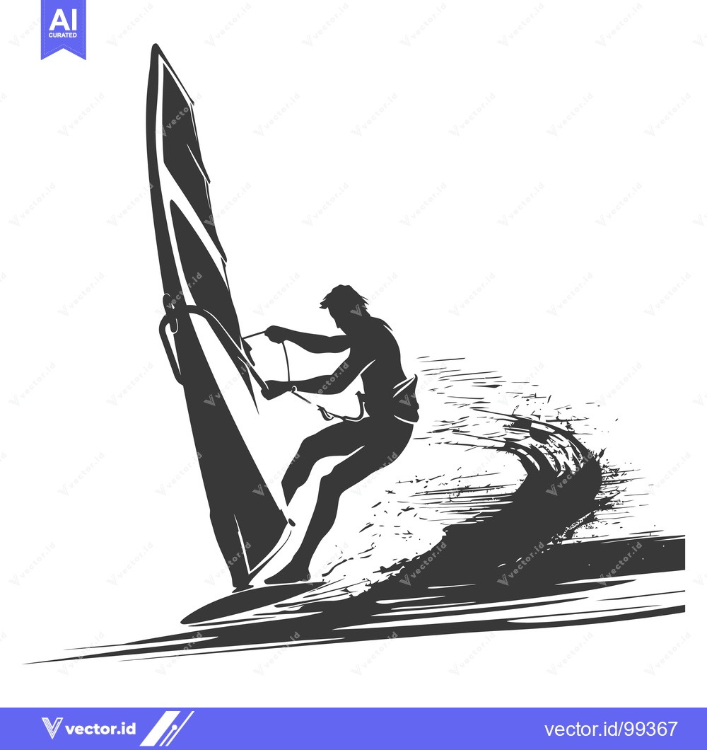 Premium Vector of Silhouette of a Windsurfer Riding a Wave