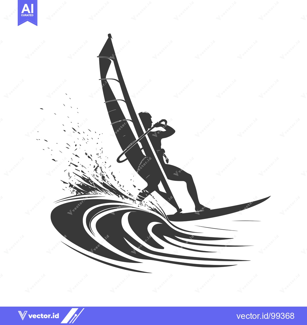 Premium Vector dari Silhouette of a Windsurfer Riding a Wave