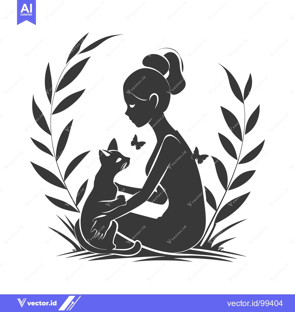 Premium Vector dari Silhouette of a Woman Holding a Cat with Butterfly Motifs