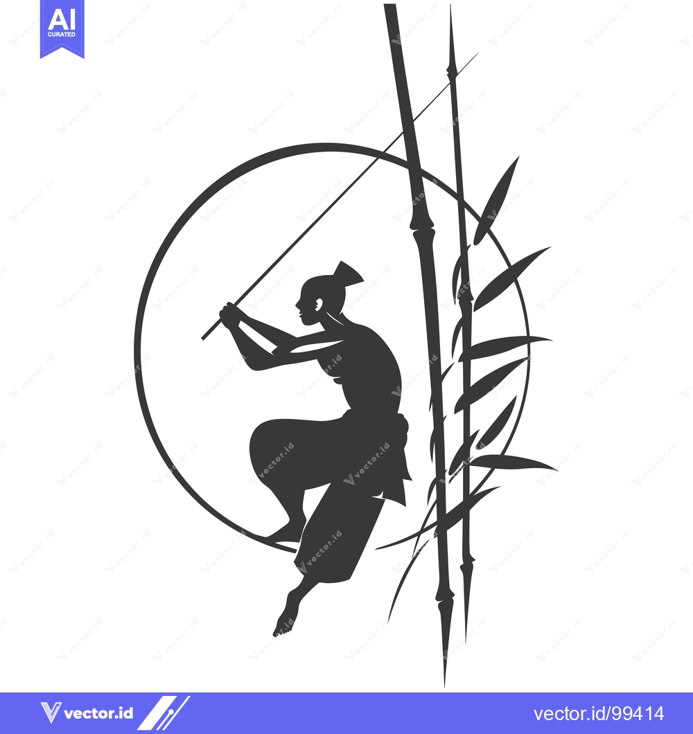 Premium Vector dari Silhouette of a Woman Holding a Staff Against a Background of Bamboo