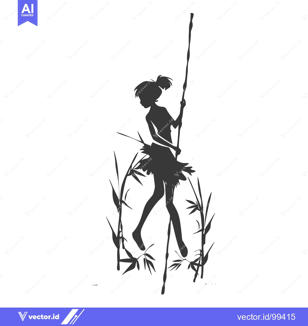 Premium Vector dari Silhouette of a woman holding a stick with bamboo behind her