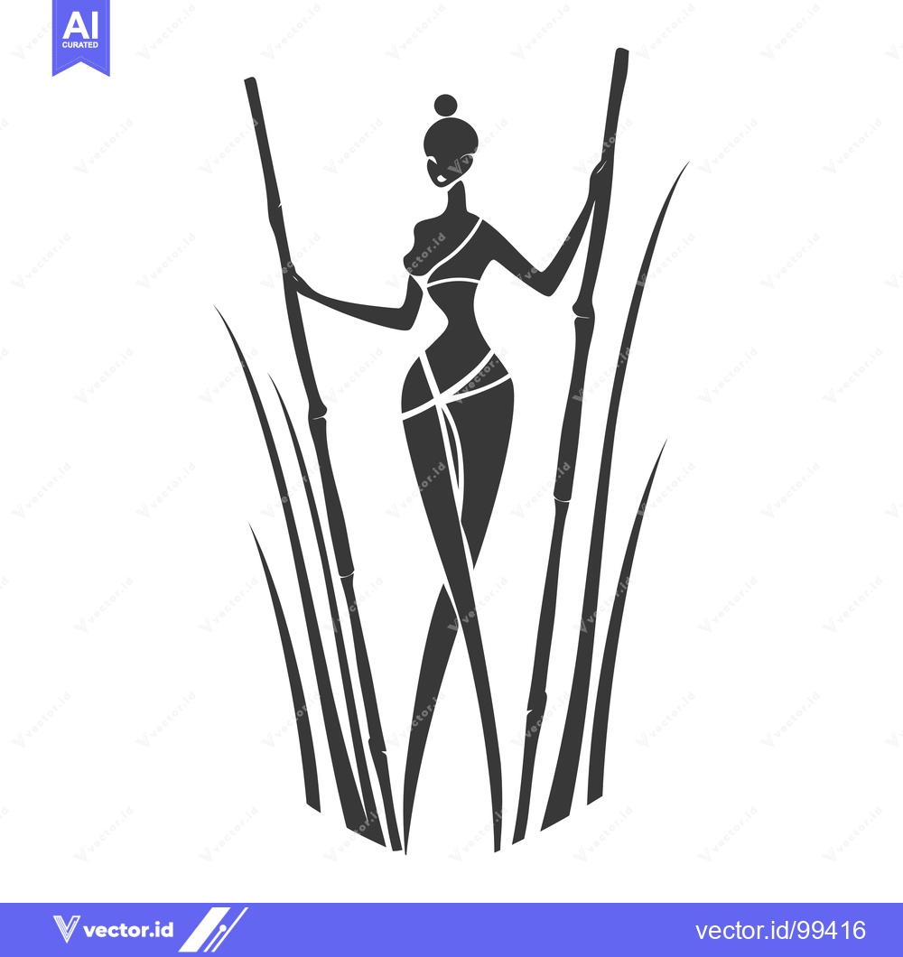Premium Vector dari Silhouette of a woman holding bamboo stalks in a grassy field