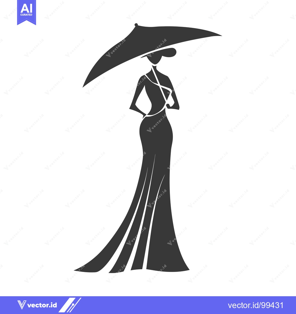 Premium Vector of Silhouette of a Woman in a Dress and Hat Holding an Umbrella