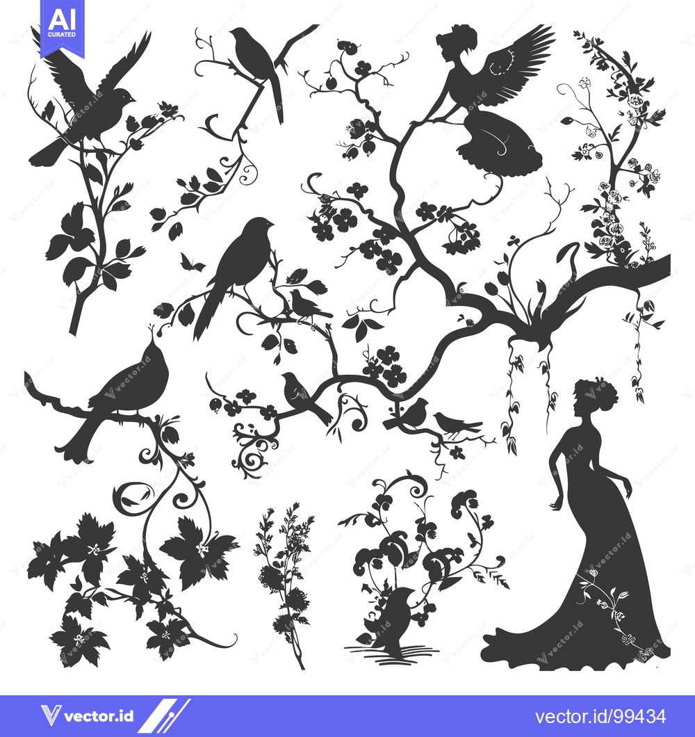 Premium Vector of Silhouette of a Woman in a Dress, Birds, and Flowers