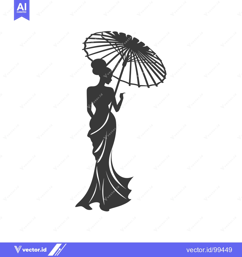 Premium Vector dari Silhouette of a Woman in a Dress Holding an Umbrella