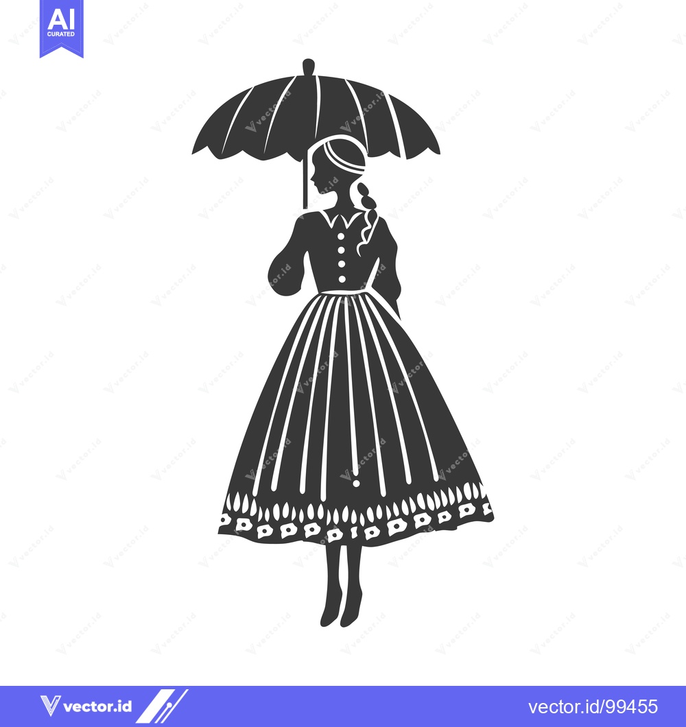 Premium Vector dari Silhouette of a Woman in a Dress Holding an Umbrella