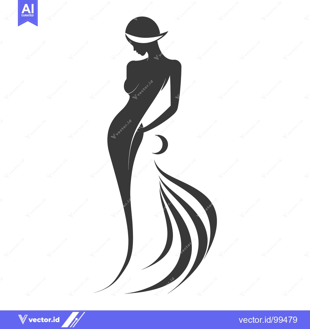 Premium Vector of Silhouette of a Woman in a Flowing Dress with a Crescent Moon