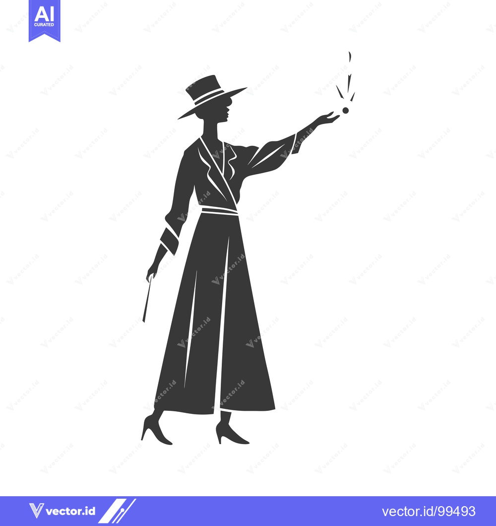 Premium Vector dari Silhouette of a Woman in a Hat and Coat Performing Magic