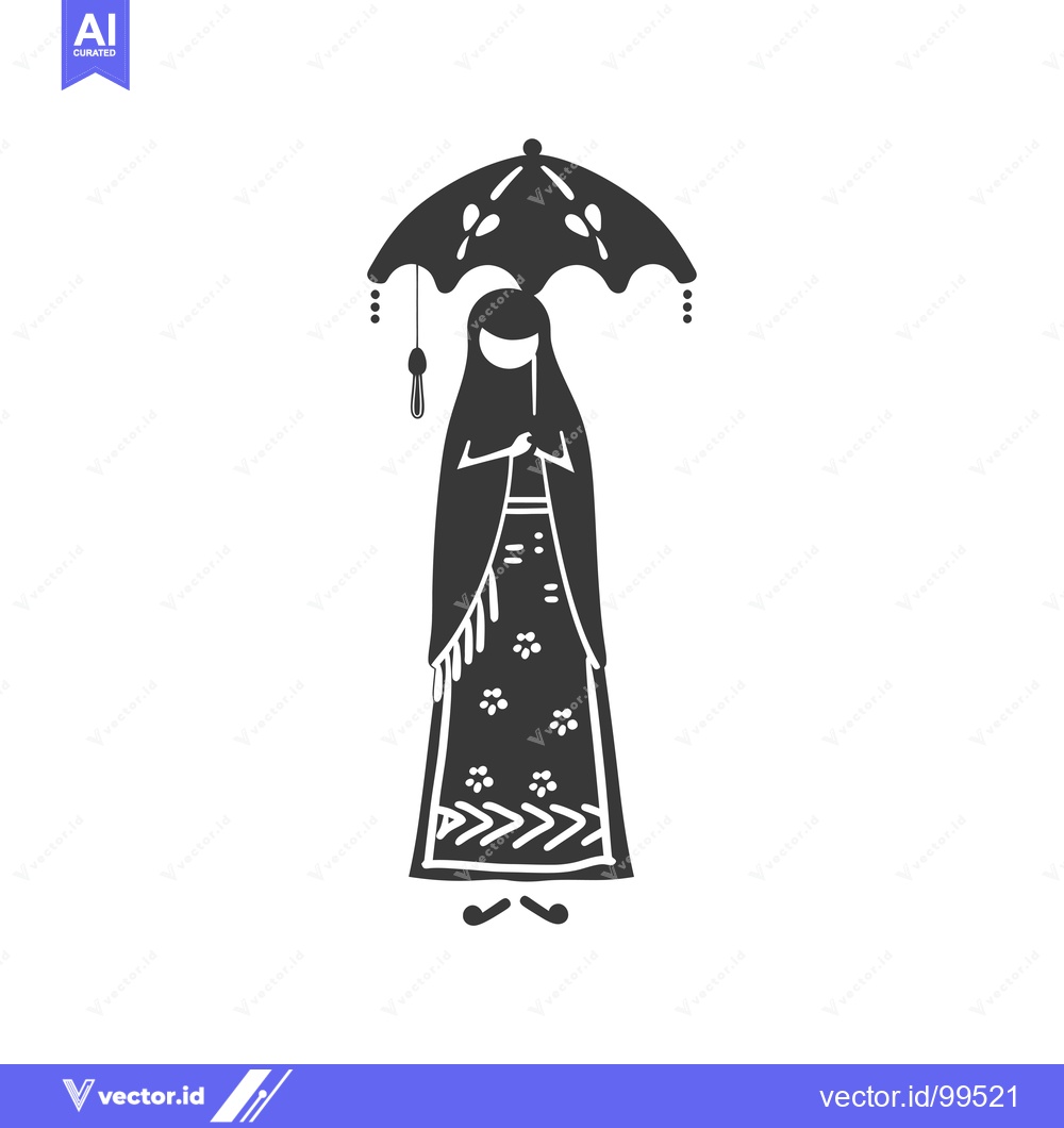 Premium Vector dari Silhouette of a Woman in a Long Dress and a Headscarf Holding an Umbre