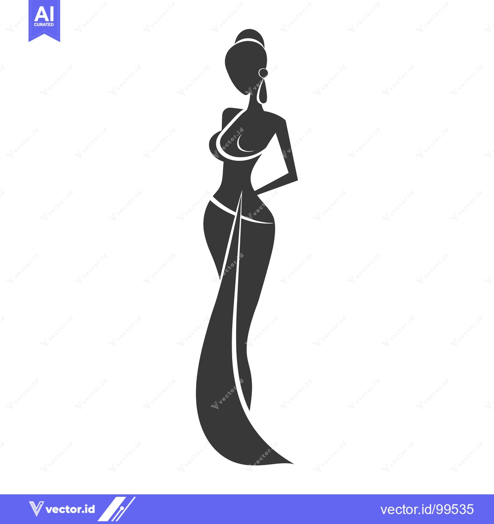 Premium Vector of Silhouette of a Woman in a Long Dress with a Bun and Earrings