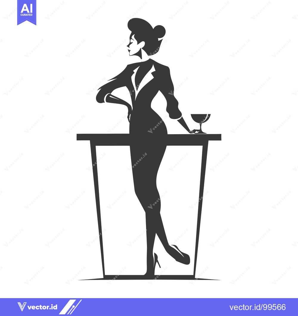 Premium Vector of Silhouette of a Woman in a Suit Leaning on a Bar Counter with a Drink