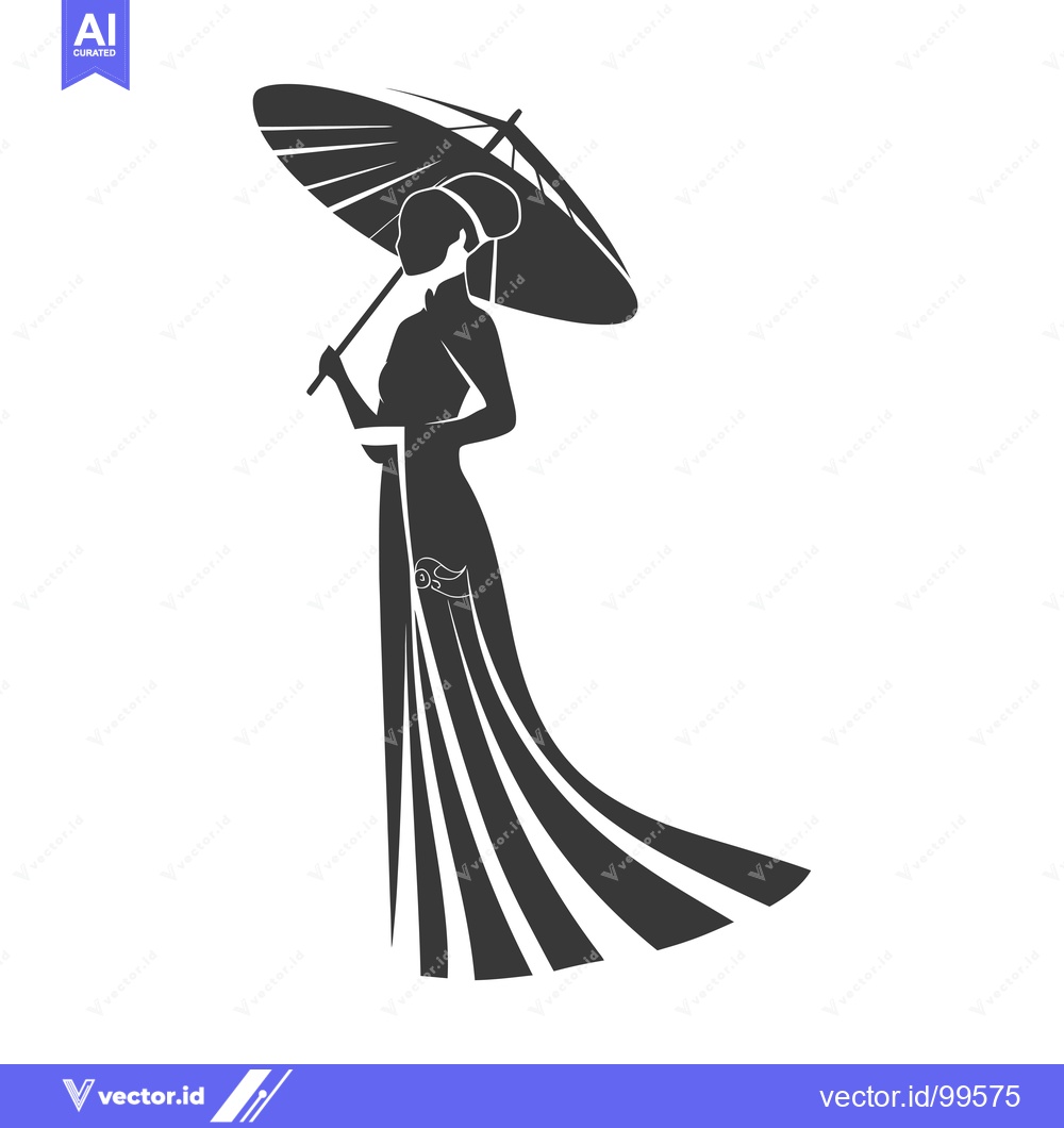 Premium Vector of Silhouette of a woman in a traditional dress holding an umbrella