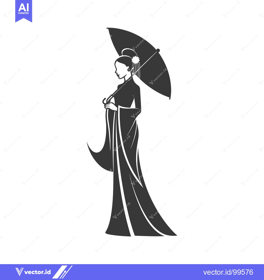 Premium Vector dari Silhouette of a Woman in a Traditional Dress Holding an Umbrella