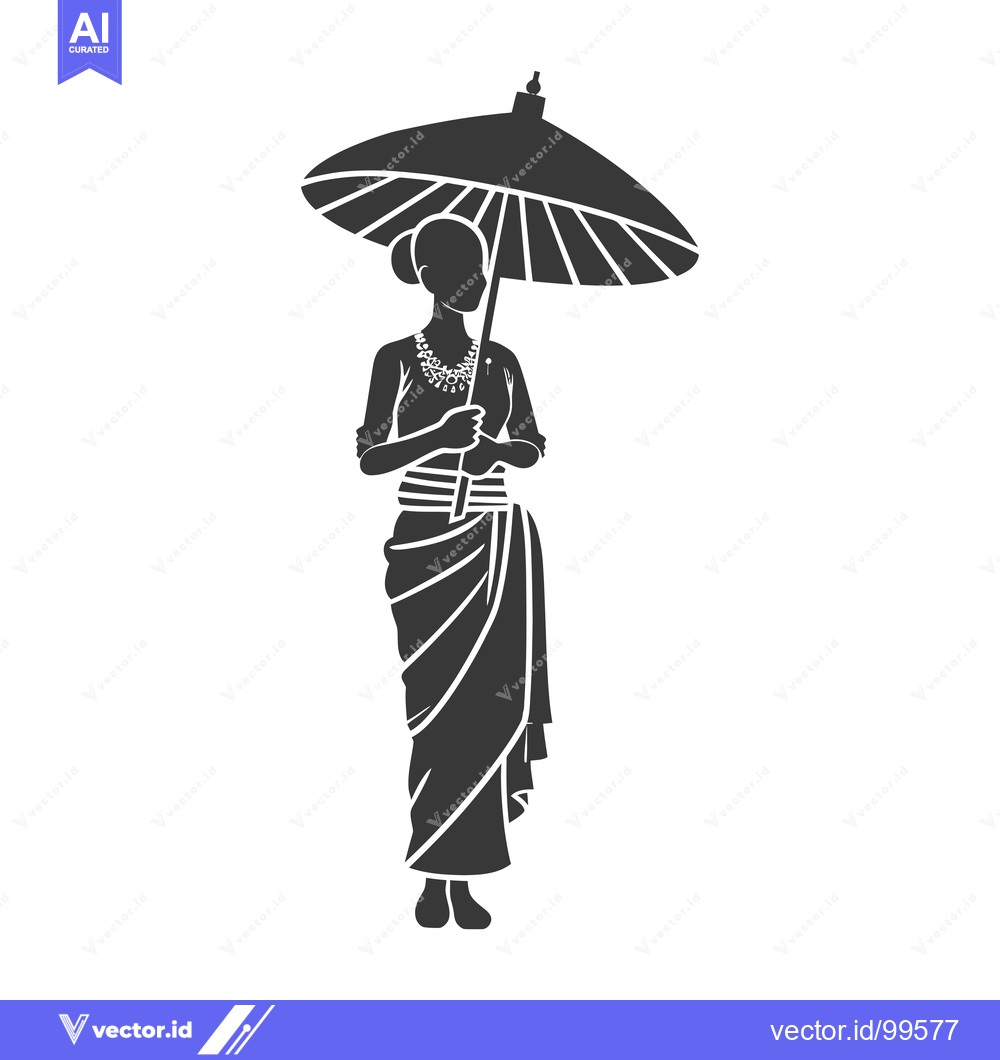 Premium Vector dari Silhouette of a woman in a traditional dress holding an umbrella