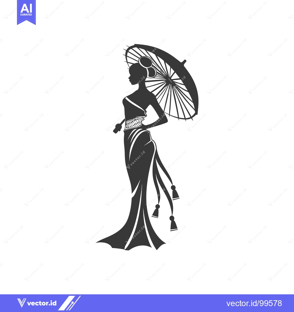 Premium Vector dari Silhouette of a Woman in a Traditional Dress with an Umbrella