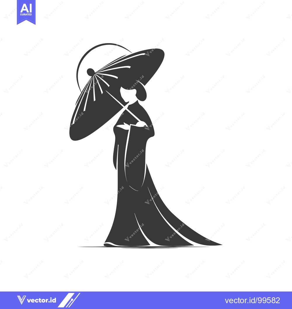Premium Vector dari Silhouette of a Woman in a Traditional Japanese Kimono Holding an Umbr
