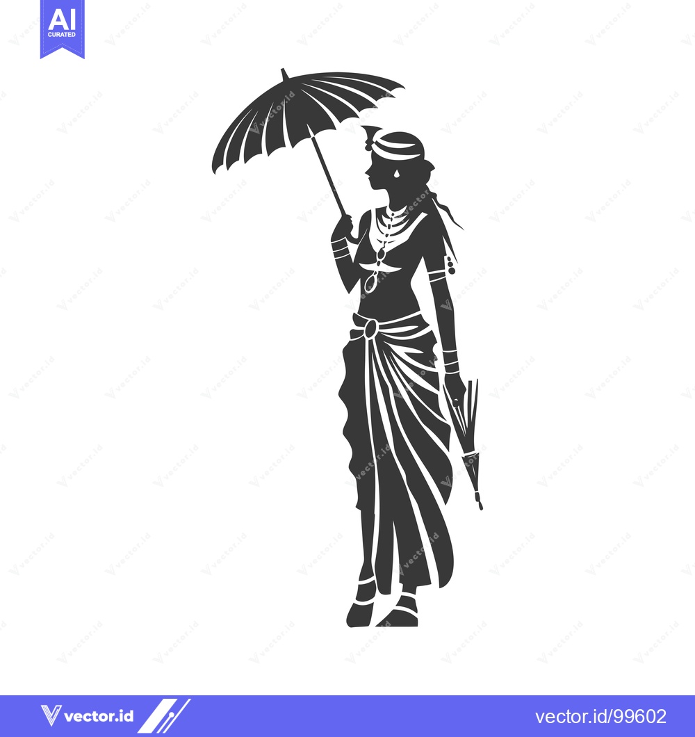 Premium Vector dari Silhouette of a Woman in Traditional Clothing Holding an Umbrella