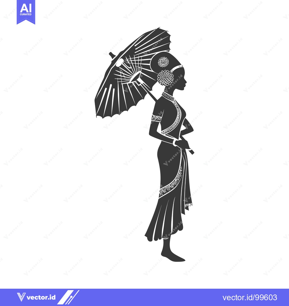 Premium Vector of Silhouette of a Woman in Traditional Clothing Holding an Umbrella