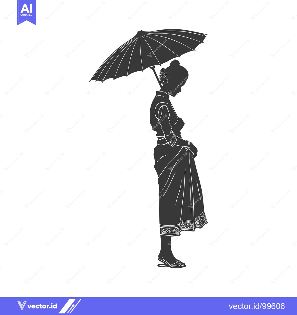 Premium Vector dari Silhouette of a Woman in Traditional Dress Holding an Umbrella