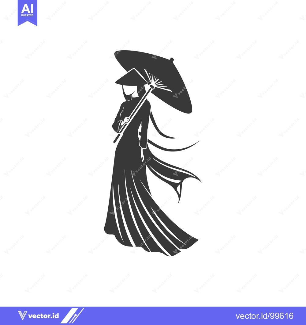 Premium Vector of Silhouette of a Woman in Traditional Vietnamese Clothing Holding an Um