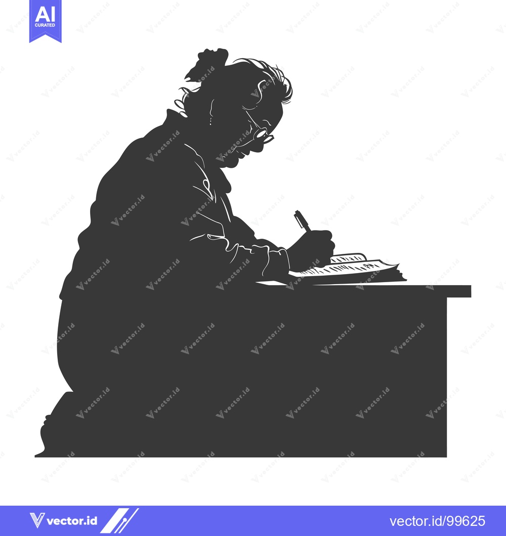 Premium Vector dari Silhouette of a Woman Kneeling at a Desk, Writing in a Notebook