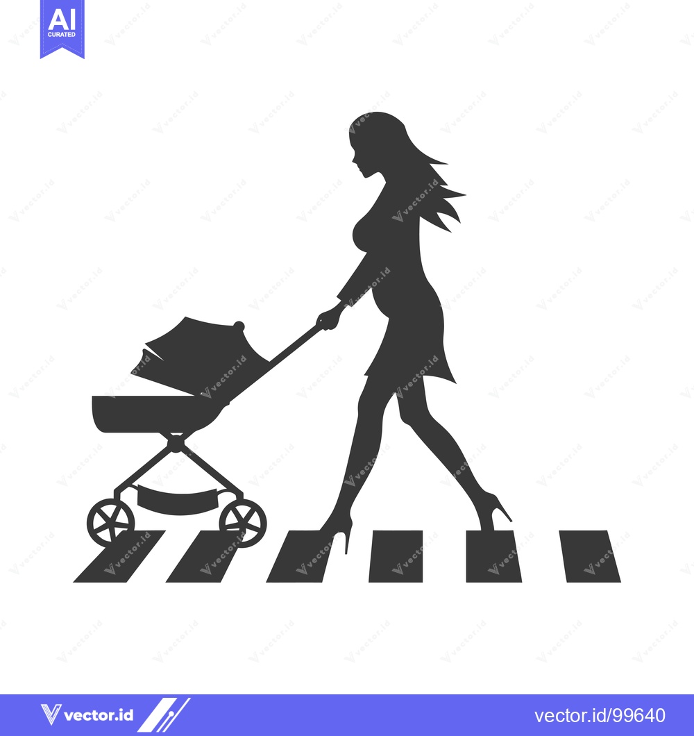 Premium Vector of Silhouette of a Woman Pushing a Baby Stroller Across a Crosswalk
