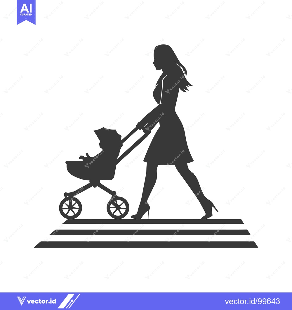 Premium Vector dari Silhouette of a Woman Pushing a Baby Stroller Across a Crosswalk