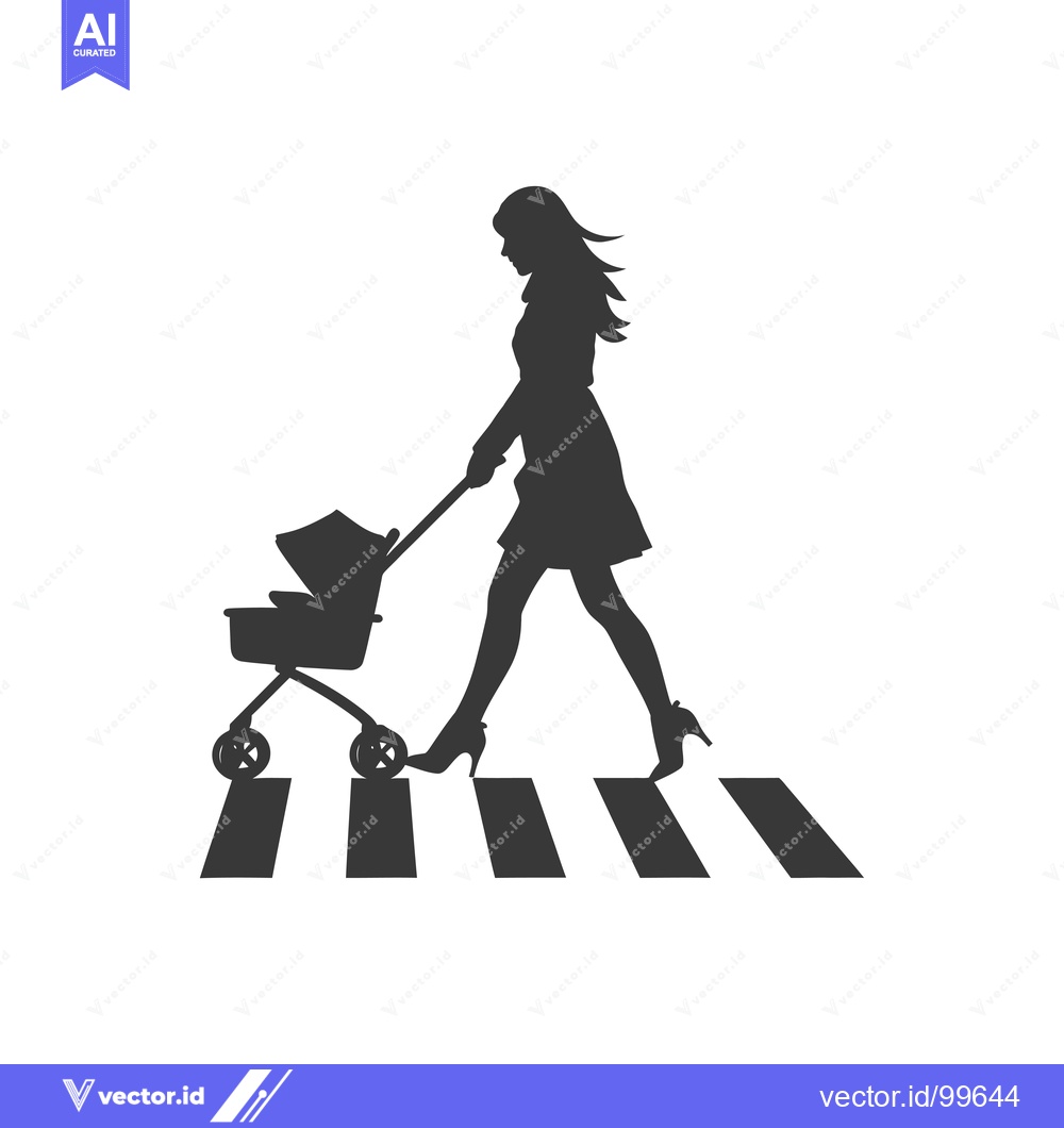 Premium Vector dari Silhouette of a Woman Pushing a Baby Stroller Across a Crosswalk