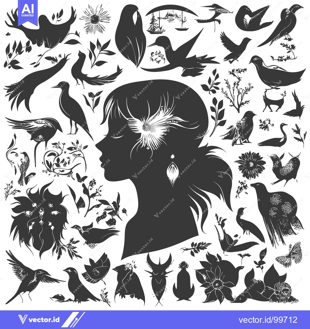 Premium Vector of Silhouette of a Woman's Head Surrounded by Birds, Flowers, and Plants