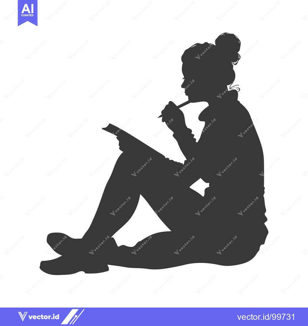 Premium Vector dari Silhouette of a Woman Sitting and Thinking with a Pencil