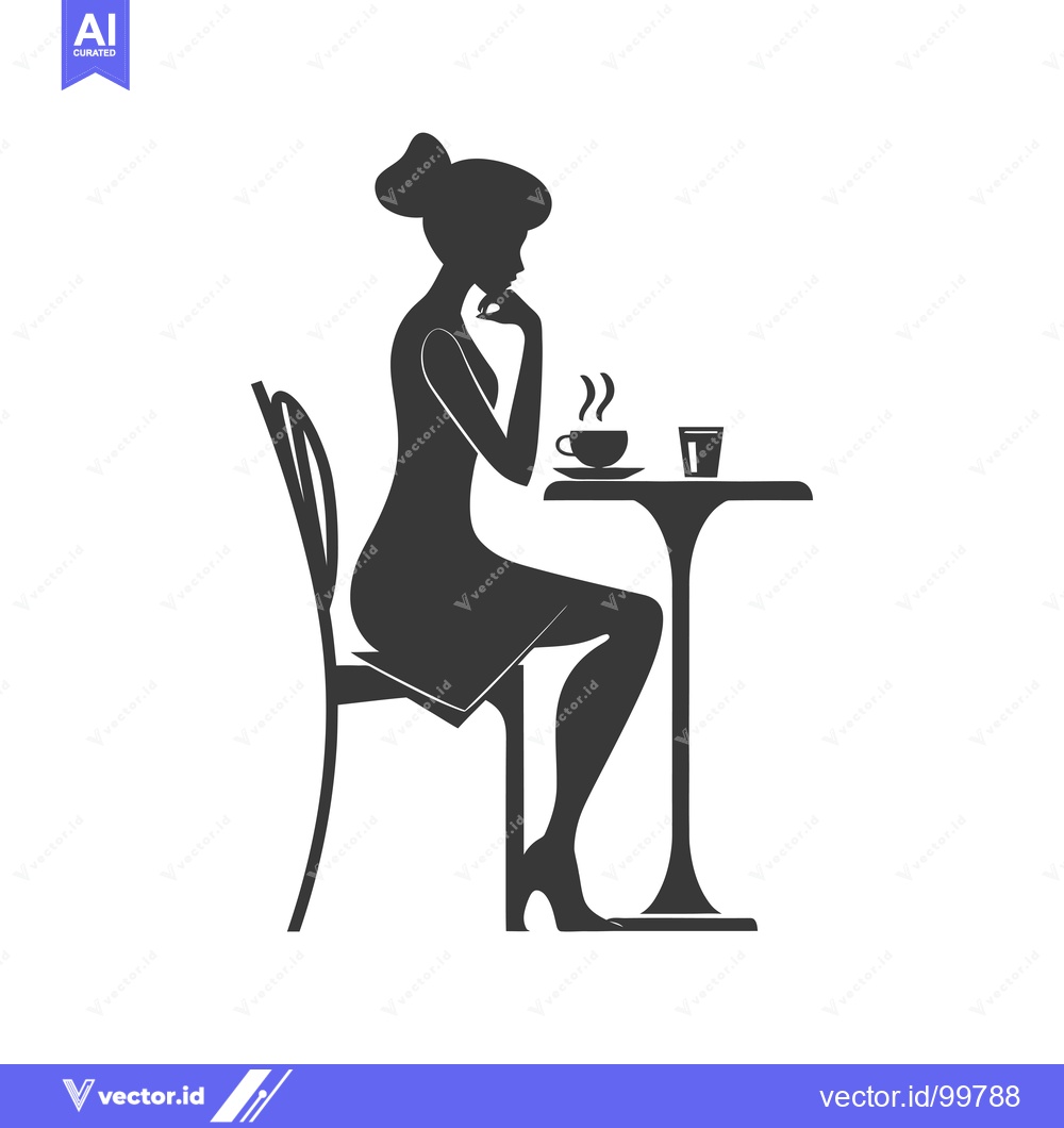 Premium Vector dari Silhouette of a Woman Sitting at a Table with a Cup of Coffee and a Gl