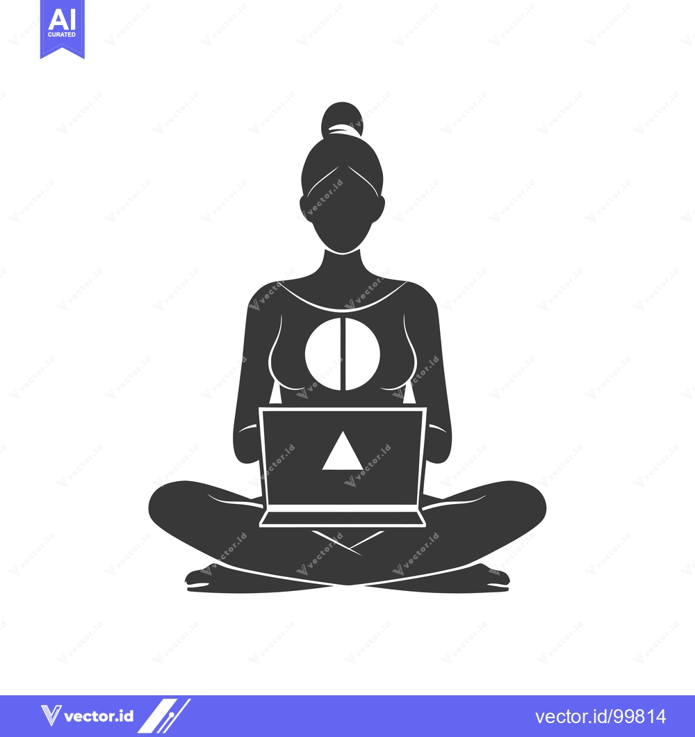 Premium Vector dari Silhouette of a Woman Sitting in Lotus Position with a Laptop