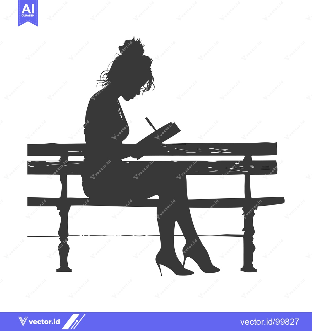 Premium Vector of Silhouette of a woman sitting on a bench, writing in a notebook.