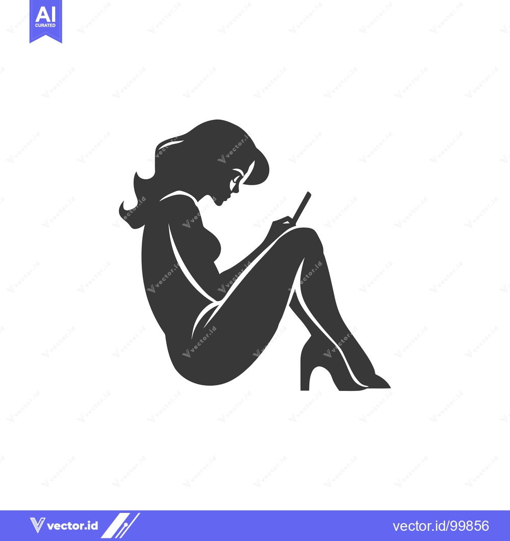 Premium Vector of Silhouette of a Woman Sitting with Long Hair and High Heels Using a Ta