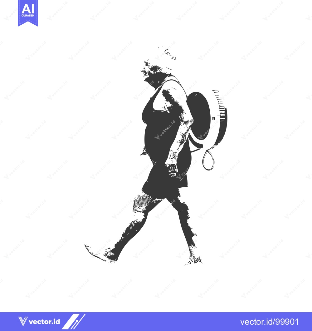 Premium Vector dari Silhouette of a Woman Walking with a Lifebuoy on Her Back