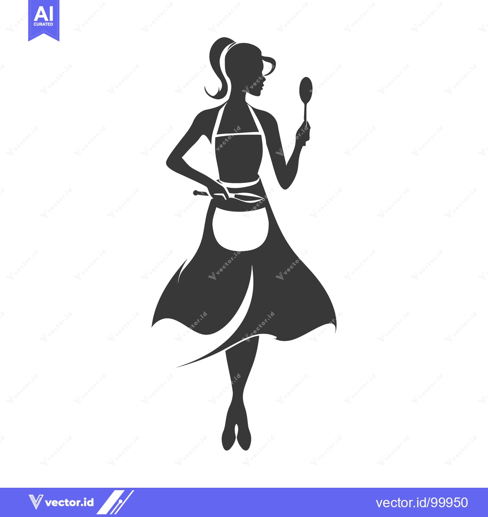 Premium Vector of Silhouette of a Woman Wearing an Apron and Holding a Spoon and a Fryin