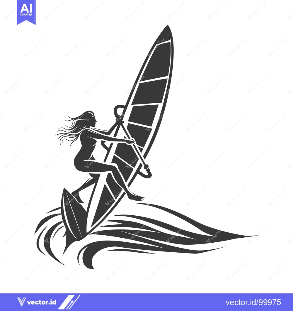 Premium Vector dari Silhouette of a Woman Windsurfing on a Wave