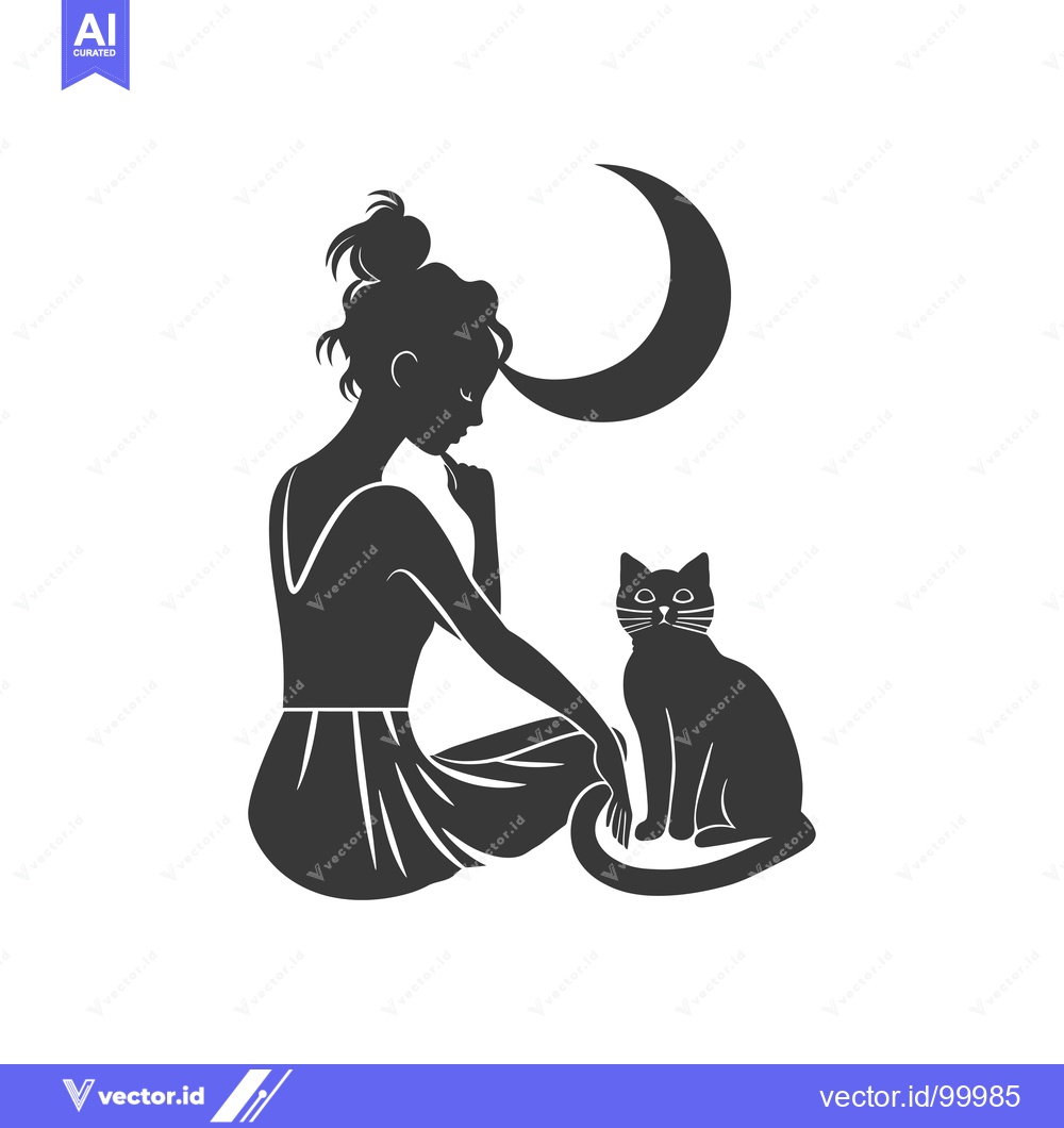 Premium Vector dari Silhouette of a woman with a cat and a crescent moon