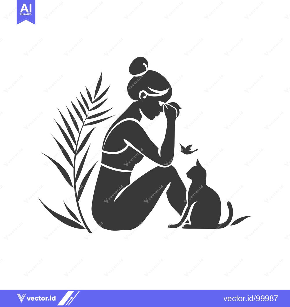 Premium Vector of Silhouette of a woman with a cat and palm leaves