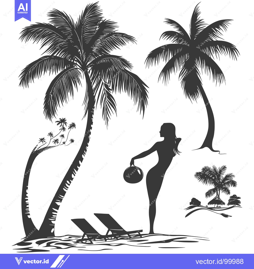 Premium Vector dari Silhouette of a woman with a coconut on a beach with palm trees
