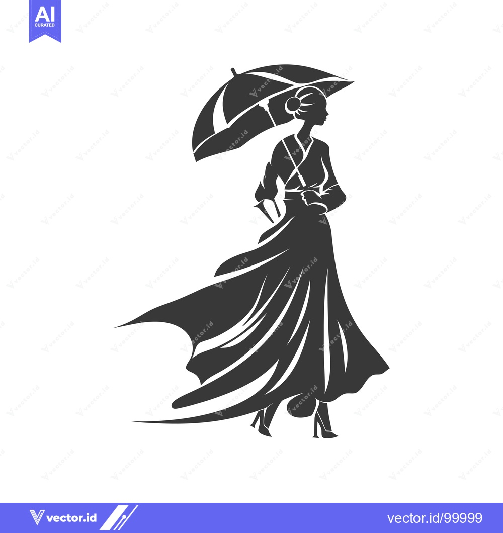 Premium Vector dari Silhouette of a Woman with an Umbrella and Flowing Dress