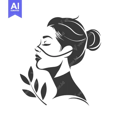 Aset desain premium: Silhouette of a Woman with Closed Eyes and a Branch of Leaves